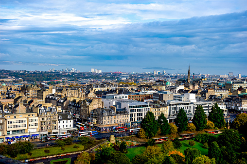 Looking from Edinburgh Castle toward Princes Street, one of the main shopping districts in Edinburgh Scotland.  Princes Street is located in the New Town section of Edinburgh and stretches about 1.2km.