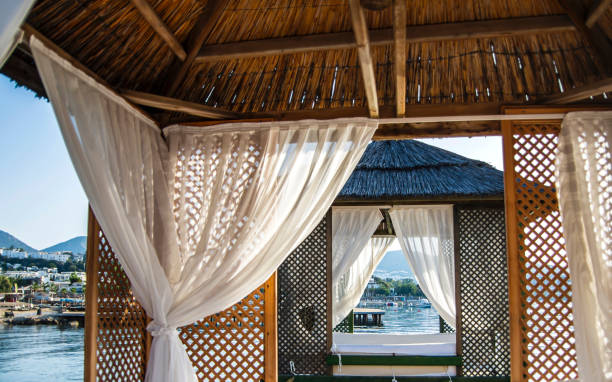 istock Romantic gazebo on a tropical beach. Summer tropical landscape with thatched gazebos with white curtains with empty copy space. 1334473496