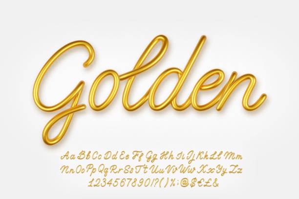 ilustraciones, imágenes clip art, dibujos animados e iconos de stock de oro 3d letras mayúsculas y minúsculas realistas, números, símbolos y signos de moneda aislados sobre un fondo claro. - typography