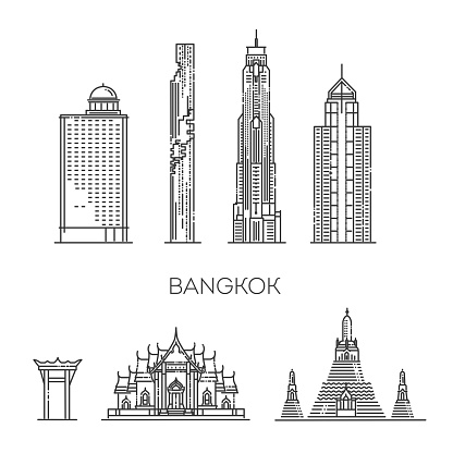 Bangkok outline city vector illustration, symbol, travel sights, landmarks