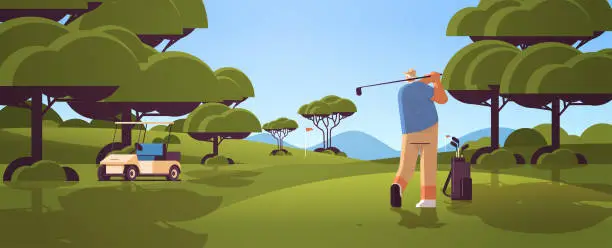 Vector illustration of senior man playing golf on sunny green golf course aged player taking a shot active old age concept