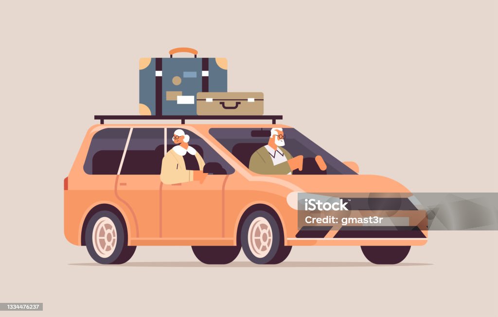 Funny Old Family Driving In Car On Weekly Holiday Senior Travelers Couple  Traveling By Active Old Age Concept Stock Illustration - Download Image Now  - iStock