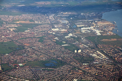 Dagenham UK aerial view. Greater London urban landscape.