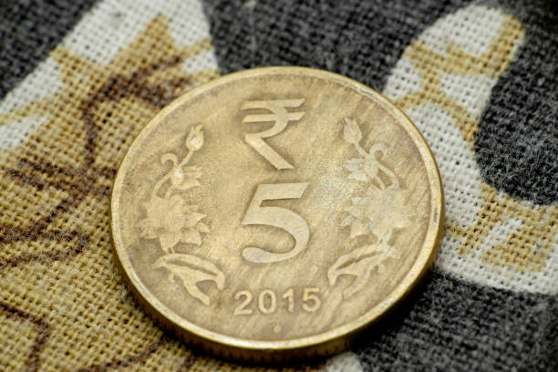 istock Copper and zinc Indian five rupee coin back side, Satara, Maharashtra, India 1334478518