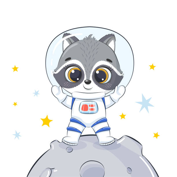 istock Cute spaceman raccoon stand on moon. Childish illustration 1334478779