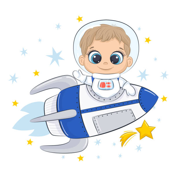 istock Cute spaceman with spaceship and stars. Childish illustration 1334478794