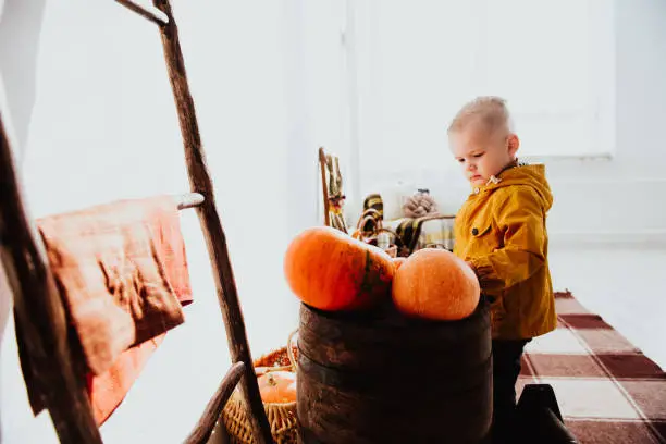 Photo of Cool trendy hipster boy 2 years old wears black posing at the decorated photozone of autumn decor with beautiful bright autumn leaves, pumpkin, apples.