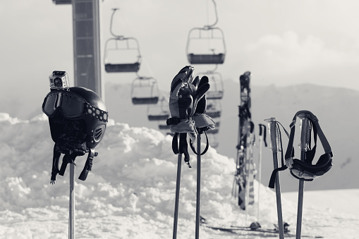 Protective sports equipment on ski poles at ski resort