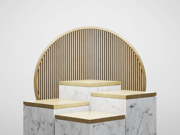 istock Cube step white marble podium and a metallic gold top with wood feature wall background in luxury studio scene. 1334481466