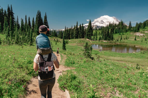Young mother carrying son toward Mt Rainier on the Naches Peak Loop Trail in Mt. Rainier National Park Young mother carrying son toward Mt Rainier on the Naches Peak Loop Trail in Mt. Rainier National Park. pacific northwest stock pictures, royalty-free photos & images