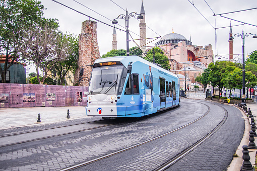 Istanbul, Turkey - 16 July 2021: Tram line passing through Sultan Ahmet Square, Istanbul in Turkey