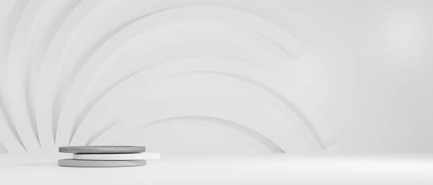 istock Cosmetic podium product minimal scene with platform grey background 3d render. Display stand for pastel white color mock up. stand to show beauty  backdrop on pedestal. Simple Cylinder gray design 1334484099