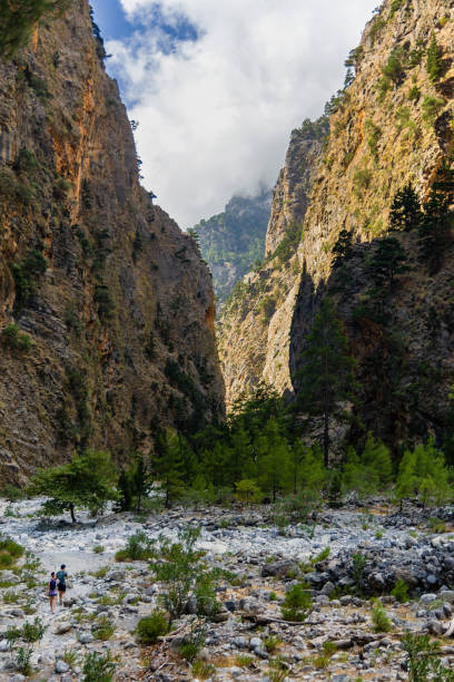 istock Beautiful mountain scenery of a gorge surrounded by tall cliffs and pine trees (Samaria Gorge, Crete, Greece) 1334485118