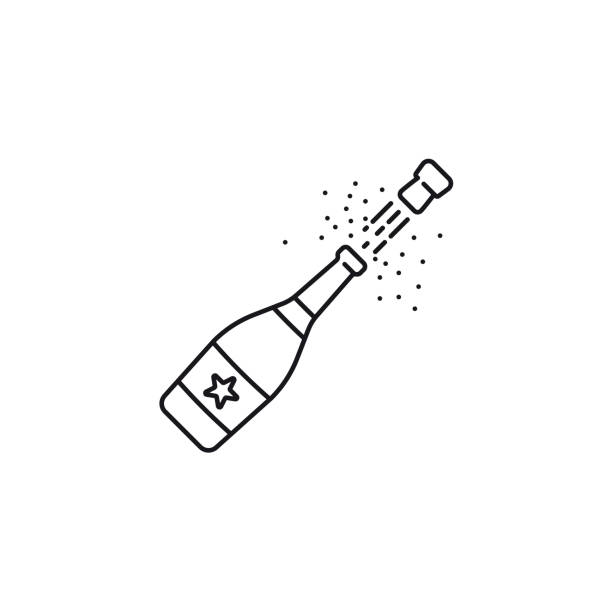 illustrazioni stock, clip art, cartoni animati e icone di tendenza di icona della linea vettoriale aperta che spunta bottiglia di champagne - champagne cork