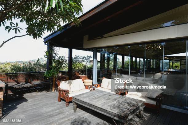 View Of Nice Luxury Terrace And Garden Of Comfortable Modern Home Stock Photo - Download Image Now