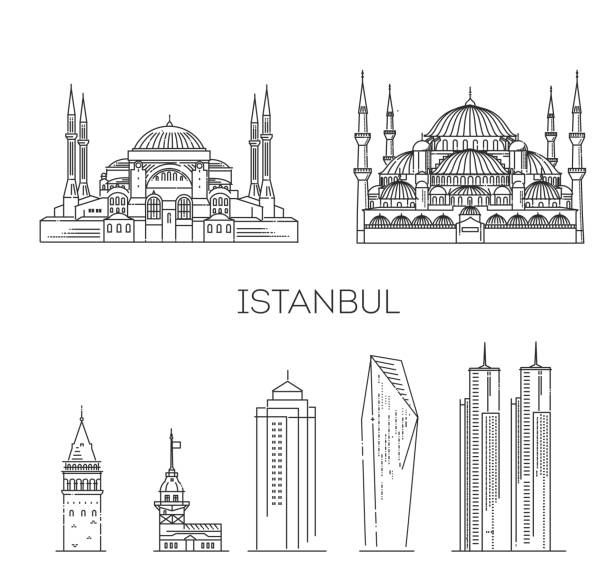Tourist attractions of Turkey. Vector symbols Historic buildings from the streets of Turkey, outline. blue mosque stock illustrations