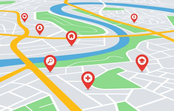 istock Perspective city map navigation with pin pointers. Urban downtown streets gps navigator with red location markers vector illustration 1334488212