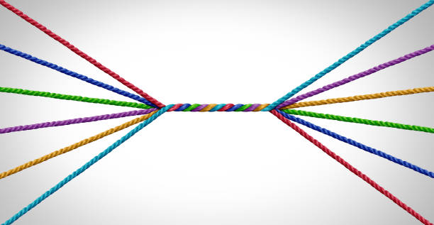 Connecting Together Connecting together and unity teamwork concept as a business metaphor for joining a partnership of diversity as diverse ropes connected together for a corporate symbol for cooperation and working collaboration. Unity stock pictures, royalty-free photos & images