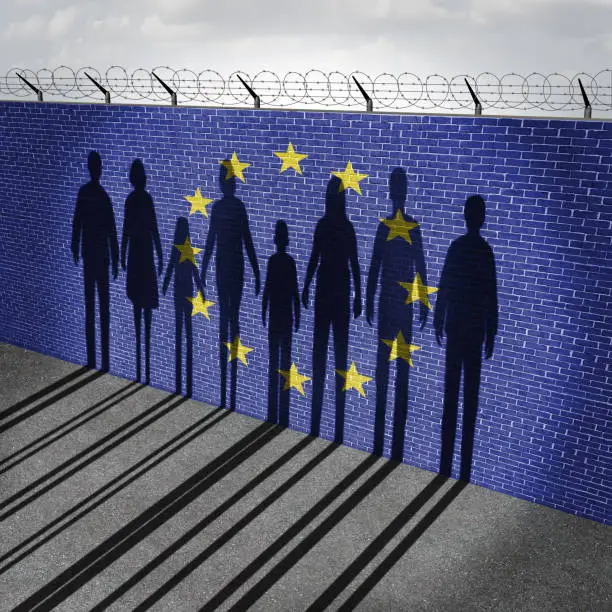 European Union immigration and Europe refugee migrant crisis concept as people on a border wall with an EU flag as a social issue about refugees or immigrants a group of migrating women men and children with 3D render elements.