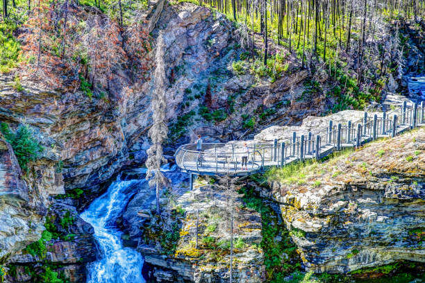 krajobrazowy krajobraz red rock canyon i blackiston falls w parku narodowym waterton lake w południowej albercie w kanadzie - marina lake nautical vessel water zdjęcia i obrazy z banku zdjęć