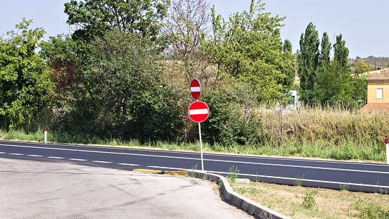 A red and white double road sign prohibiting access (Marche, Italy, Europe)