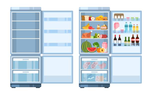 istock Fridge. Open empty refrigerator and with products, healthy food water and milk, fruit and vegetable, alcohol and meat, electronic equipment for products. Vector cartoon flat isolated illustration 1334491966
