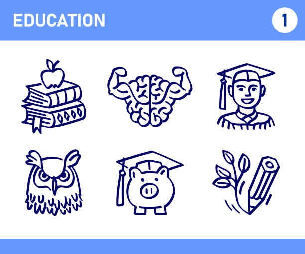 простой набор значков векторных линий doodle, связанных с образованием - text animal owl icon set stock illustrations