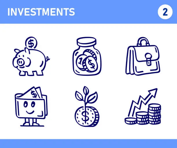 Vector illustration of Simple Set of Investments Related Doodle Vector Line Icons