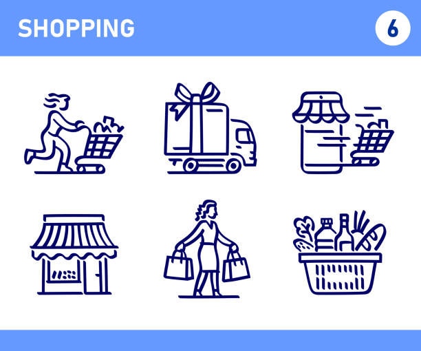 Simple Set of Shopping Related Doodle Vector Line Icons Hand drawn doodle icons. Vector EPS 10, HD JPEG 3600 x 3000 px supermarket drawings stock illustrations