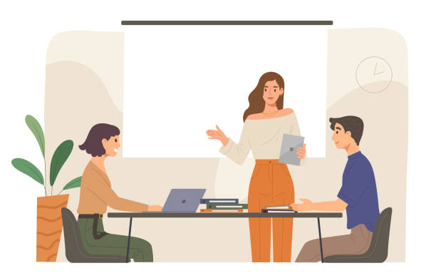 Office conference at the meeting room with laptop, document folder and projector screen. Concept of business meeting, brainstorm idea, creativity, colleague, presentation. Flat vector illustration. business meeting stock illustrations