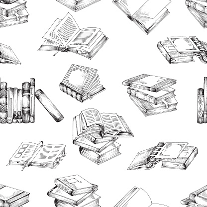 Hand drawn vintage sketch book seamless pattern. Vector illustration of books for background or wallpaper. Symbol of education and information.