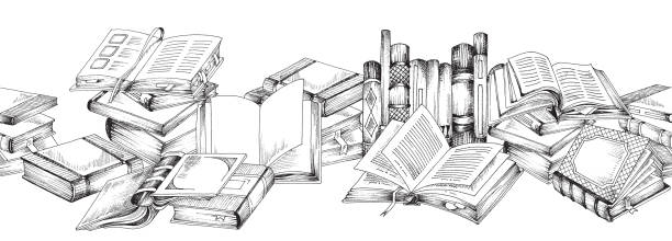 illustrations, cliparts, dessins animés et icônes de bannière vectorielle horizontale avec des livres ou des manuels littéraires ouverts et proches - literary