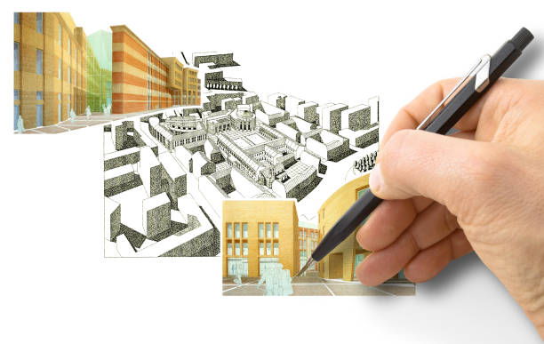 Design a new city - Hand drawing with a pencil a sketch of a new modern town an interiors - concept image - I'm the copyright owner of the draws used in this picture - The design of the people is imaginary diseñar una nueva ciudad - dibujo a mano con un lápiz un boceto de una nueva ciudad moderna e interiores - imagen conceptual - soy el propietario de los derechos de autor de los dibujos utilizados en esta imagen - el diseño de la gente es imaginario