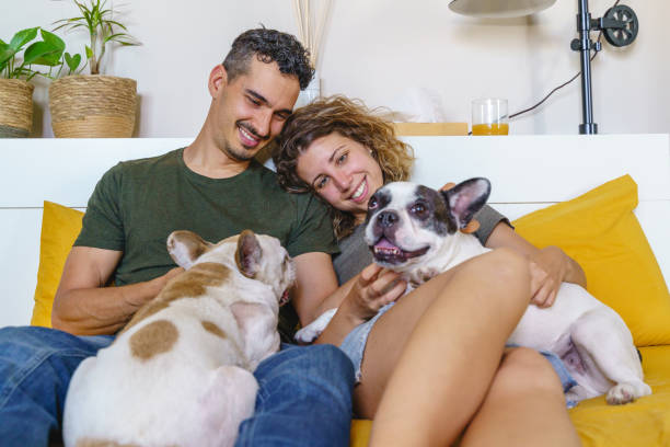 istock Happy couple playing with dog at home. 1334498377