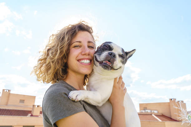 mujer feliz sosteniendo bulldog. - mascota fotografías e imágenes de stock