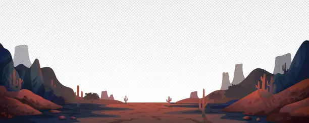 Vector illustration of Canyon landscape background. Panoramic landscape with desert mountains on transparent background. Vector illustration in flat cartoon style