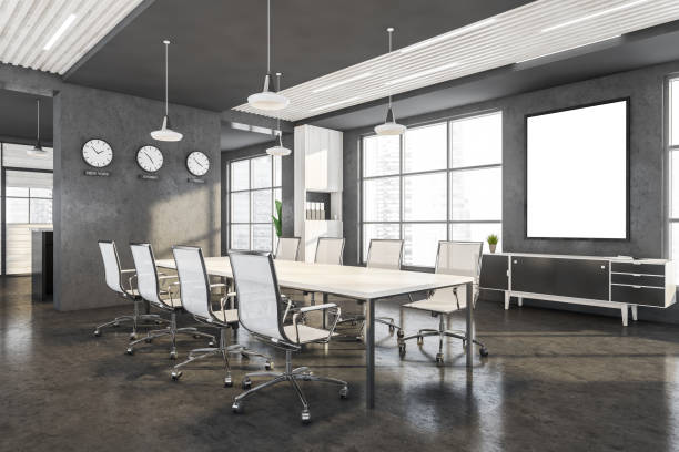 istock View from corner of the panoramic office with white board, concrete decoration 1334502281