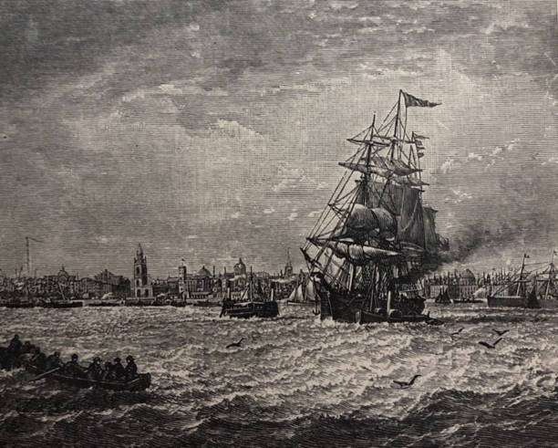 Antique illustration - large sailing ship approaching the port of Liverpool vector art illustration