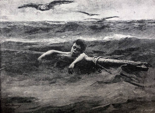 istock Antique illustration - boy drifting on a log after a shipwreck 1334502427