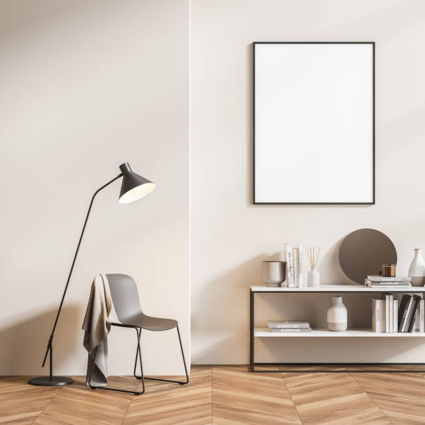 istock Room interior with empty poster, shelf, chair and lamp, beige 1334502560