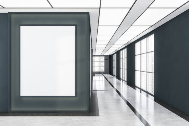 istock Poster in the dark blue, white office passage with panoramic windows 1334502603