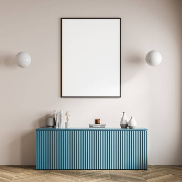 istock Waiting room interior with poster, blue sideboard 1334503253