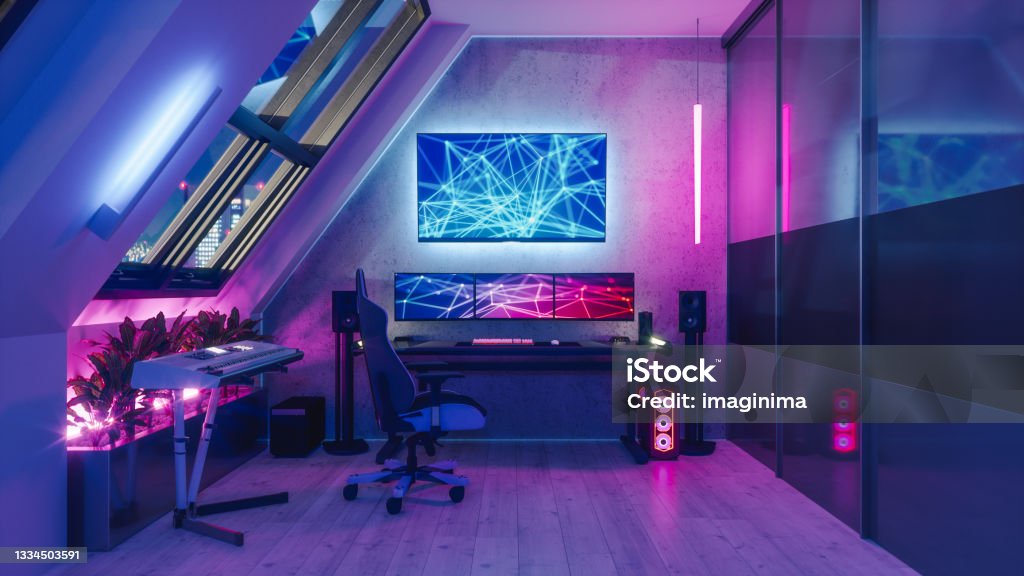 Gamer Room Interior of a gamer room lit with neon lights. Video Game Stock Photo