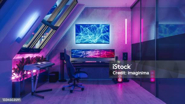 Gamer Room Stock Photo - Download Image Now - Video Game, Domestic Room, Lighting Equipment