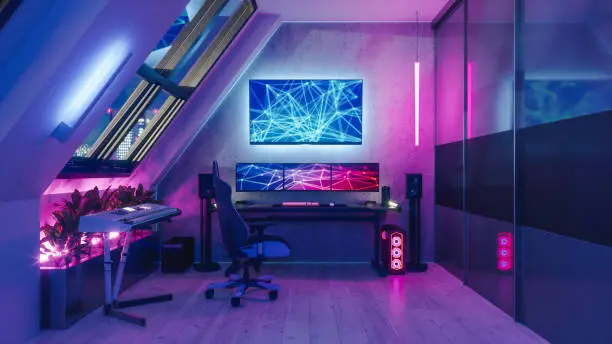 Interior of a gamer room lit with neon lights.