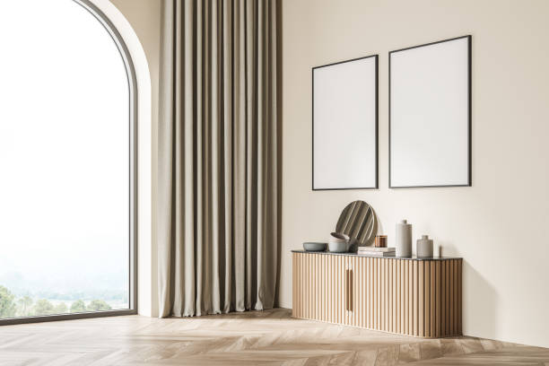 istock Two banners at the beige living room corner with arch window 1334503892