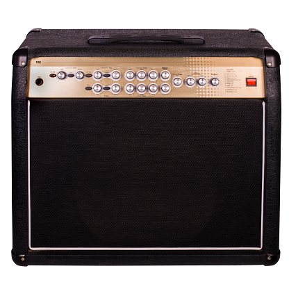 Black guitar combo amplifier on a white background, isolated image