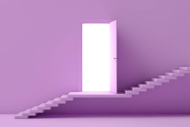 Door opening to the bright light. Abstract image of a portal, another dimension, bright sunlight. 3d