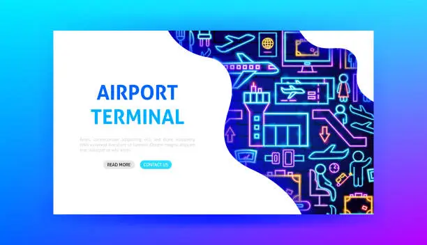 Vector illustration of Airport Terminal Neon Landing Page