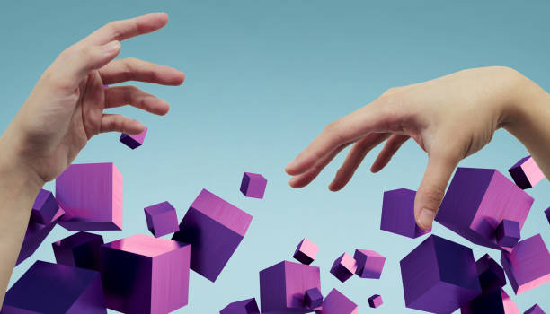 istock Creative idea Geometry shapes and hands in business concept and application concepts with Success futuristic Digital on Blue. banner, Copy Space -3d Rendering 1334507905